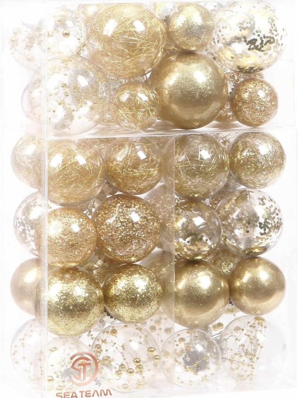 SeaTeam 48pcs Multi Size Gold Filled Shatterproof Clear Christmas Ball Ornaments